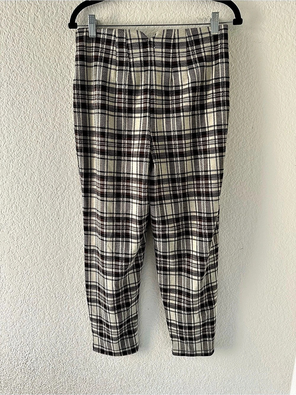 Free People Brecan Plaid High Waisted Trouser Pants Knit Tapered Cream Brown XS